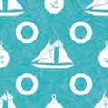 Vector hand drawn white sailing boats, anchors and life buoys on aqua watercolor effect background. Seamless geometric