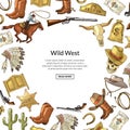 Vector hand drawn wild west cowboy elements background with place for text illustration Royalty Free Stock Photo