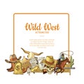 Vector hand drawn wild west cowboy elements below frame with place for text illustration Royalty Free Stock Photo