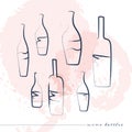 Vector hand drawn wine bottles set with textured wine stains background design. Royalty Free Stock Photo