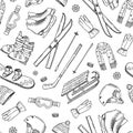 Vector hand drawn winter sports equipment and pattern or background Royalty Free Stock Photo