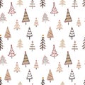 Vector hand drawn winter trees pattern. Whimsical doodles Christmas background.