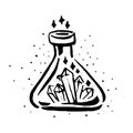 Vector hand drawn Witch and magic flask potion with crystals item illustration on white background.