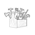 Vector hand drawn woodwork equipment in wooden toolbox isolated illustration