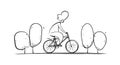 Vector Hand drawn yong man rides bike on park road. Sketch bicycle design.