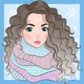 Vector hand drawn young curly woman in a voluminous scarf.