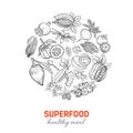 Vector hand drawnn superfood round poster. Royalty Free Stock Photo