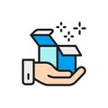 Vector hand hold box, delivery, gift, parcel flat color line icon.