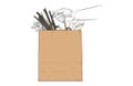 Vector Hand holding brown craft shopping paper bag. Mock up. Pay online by internet, concept. Safe delivery courier Royalty Free Stock Photo