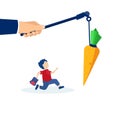 Vector of a hand holding carrot on the stick and a little boy running after it Royalty Free Stock Photo