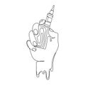 Vector hand holding electronic cigarette vaporizer line drawing,logo template.Hand with vape.Smoking device Royalty Free Stock Photo