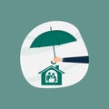 Vector hand holding umbrella under the family icon. Insurance concept