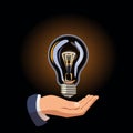 Vector. The hand holds a light bulb. The electric light is on. Energy saving. Sale of light bulbs. Suggest an idea.