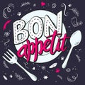 Vector hand lettering expression - bon appetit - on a plate with fork and spoon.