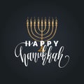 Vector hand lettering Happy Hanukkah illustration. Festive poster, greeting card template with Menorah sketch. Royalty Free Stock Photo