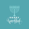 Vector hand lettering Happy Hanukkah illustration. Festive poster, greeting card template with Menorah sketch. Royalty Free Stock Photo