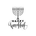 Vector hand lettering Happy Hanukkah illustration. Festive poster, greeting card template with Menorah sketch. Royalty Free Stock Photo