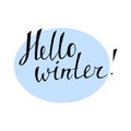 Vector hand lettering Hello Winter with light blue background.