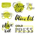 Vector hand lettering olive production logos or signs. Retro sketched extra virgin oil illustrations set for farm or cosmetics pr Royalty Free Stock Photo