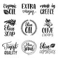 Vector hand lettering olive production signs.Sketched extra virgin oil illustrations set for farm,cosmetics produce etc.