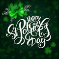 Vector hand lettering st Patricks day greetings text with clover, ribbon bow and branches