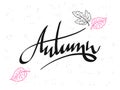 Vector hand lettering text about autumn with doodle leaves and dots