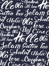 Vector hand lettering text Hello written on different languages. Brushed calligraphy international welcome inscription.