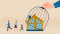 Vector of a hand lifting a cage of a house letting young family to go back to work and school after coronavirus lockdown