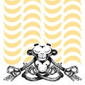 Monkey is meditating and sits in a lotus position and dreams of bananas. Vector hand made illustration. Sketch for poster, print Royalty Free Stock Photo