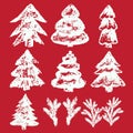 Vector hand-painted ink illustration with brush strokes. New Year Christmas trees Abstract background.