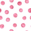 Vector hand painted watercolor pink polka dot seamless pattern on the white background.