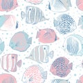 Vector hand pink blue white drawn exotic fishes seamless pattern print background.