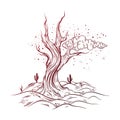 Vector hand sketched illustration of deserted landscape with dead tree.