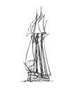 Vector handdrawn black sail ship.