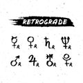 Vector handdrawn brush ink illustration set of retrograde planets signs