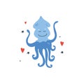 Vector handdrawn cute illustration of Squid on white background with hearts and stars. Concept for kids design, cute cartoon