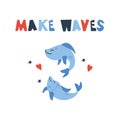 Vector handdrawn cute illustration of two merry fishes playing on the white background with hearts and stars and make waves phrase