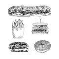 Vector Handdrawn Fast Food Sketches Isolated on White Background, Black Scribble Lines, Set.
