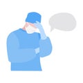 Vector handdrawn illustraion of tired doctor or nurse in mask with empty speech bubble. Medical concept. Thinking about health