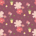 Vector handdrawn pattern with cosmos flowers, pot, clover and matricaria in pink colors. Summer pattern for fabric and pap