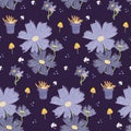 Vector handdrawn pattern with cosmos flowers, pot, clover and matricaria in violet colors.