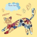 Vector handdrawn pattern with decorative cat, hearts, meow, text on a warm ivory background. Romantic design postcard.