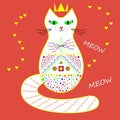 Vector handdrawn pattern with decorative princess cat, hearts, meow, on a coral background. Romantic design postcard.