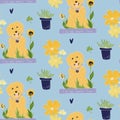 Vector handdrawn summer pattern with golden retriever dog with sunflowers, garden pot, cosmos flower and clover.