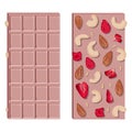Vector handmade pink chocolate bar with almonds, cashews, dry strawberries and pine nuts isolated on white