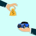 Vector Hands and cars Buying new car concept.a businessman hand exchanging a new car for money Royalty Free Stock Photo