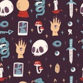 Seamless Pattern with Magic Elements: Skull, Tarot Card, Crystal Ball, Snake, Knife and etc