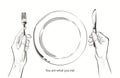 Vector hands holding a knife and fork, plate on a table. Fasting, starvation, diet, weight loss, healthy eating concept