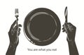 Vector hands holding a knife and fork, plate on a table. Fasting, starvation, diet, weight loss, healthy eating concept