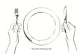 Vector hands holding a knife and fork, plate on a table. Fasting, starvation, diet, weight loss, healthy eating concept Royalty Free Stock Photo